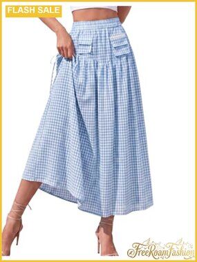 Gingham Plaid Maxi Skirt High Waisted A-Line Flowy Long Skirt